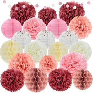 EpiqueOne 22-Piece Tissue Paper Pom Poms Party Set Pink, Rose, Mauve & Cream